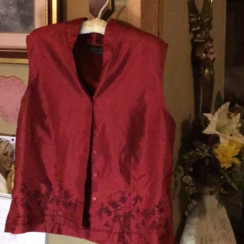 Red Sleeveless Button-Up Silk Vest